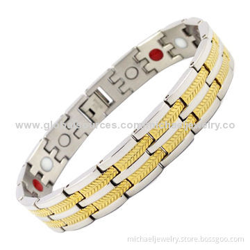 Magnetic Stainless Steel Bracelets with Interval of Plating IP Gold and Stamping Pattern